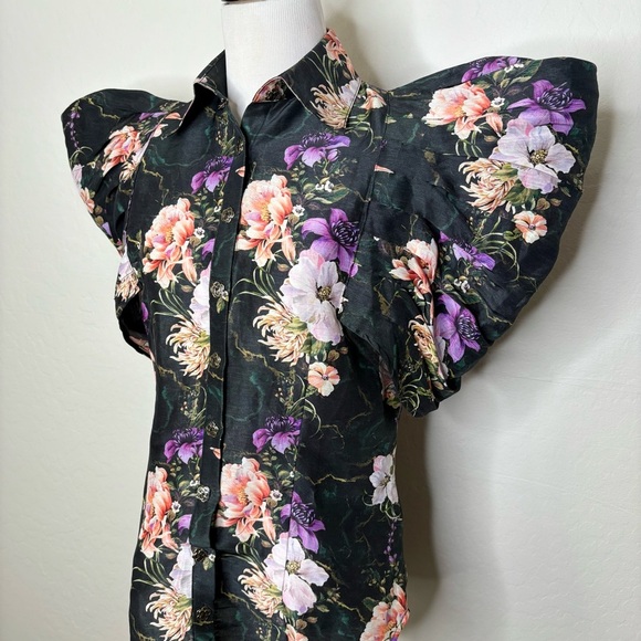 Aqua Blu Australia Tempest Vivien Top Floral Button Down Black Small Linen Silk - Picture 5 of 10